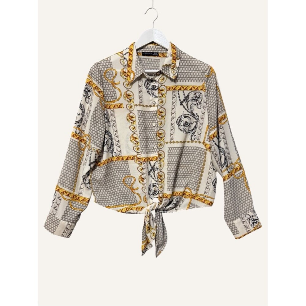 Black Tape Tie Front Button Up Blouse Size Large Cream Gray Yellow Paisley Print